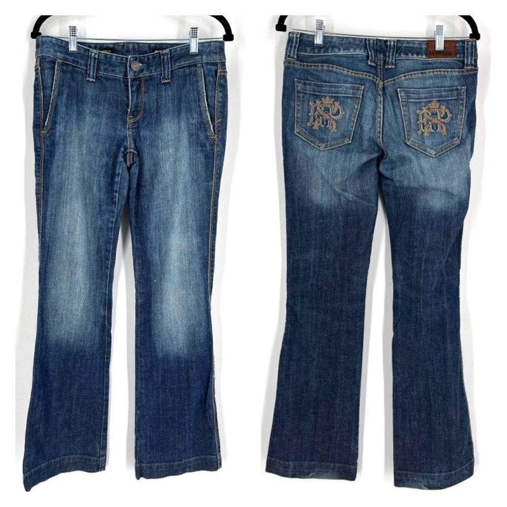 VTG Express Women's‎ Low Rise Stella Bootleg Jeans Blue Denim Embroidered Size 6